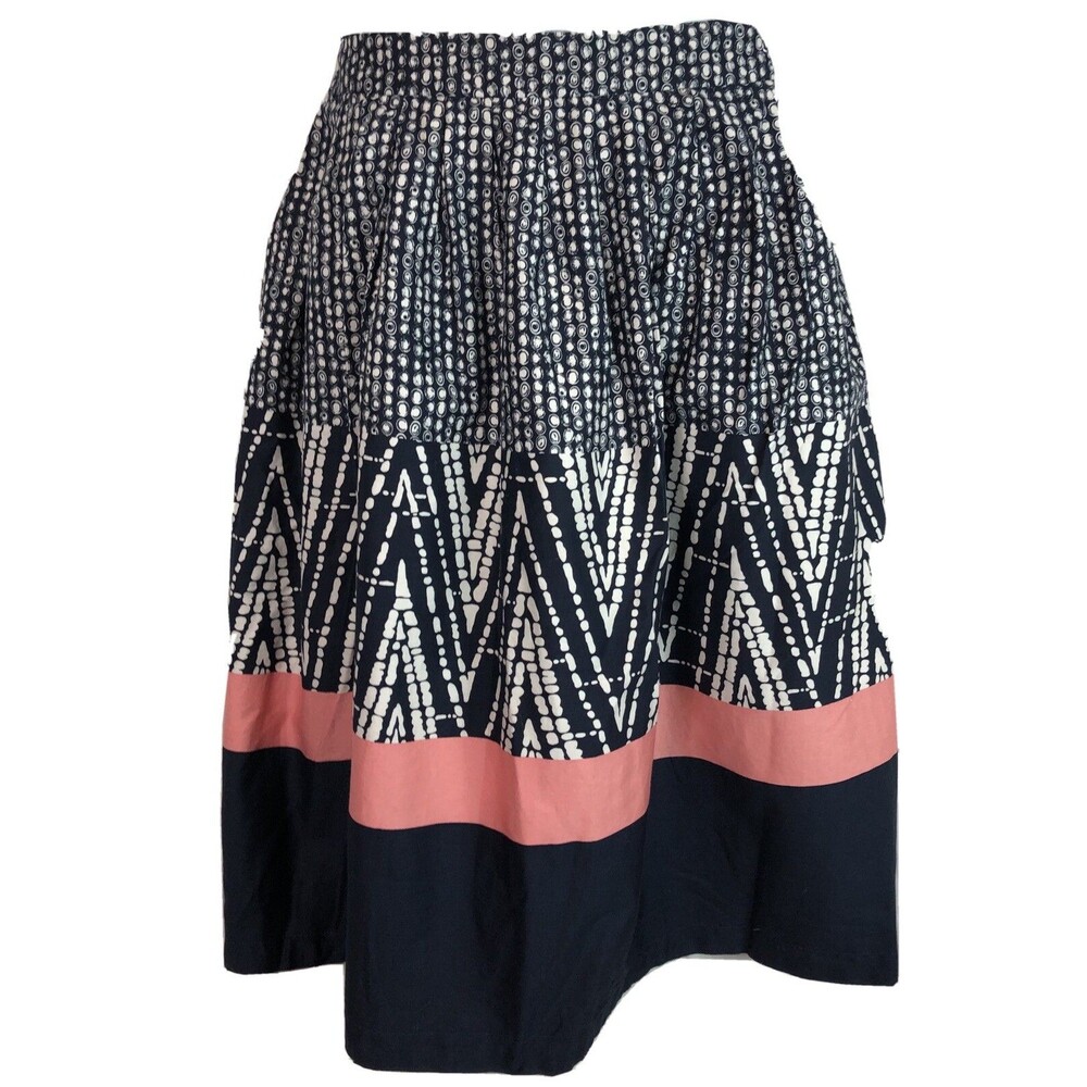 Vintage Fit & Flare Skirt 10 Blue Pink Geo Knee Length 28”waist Tiered Boho